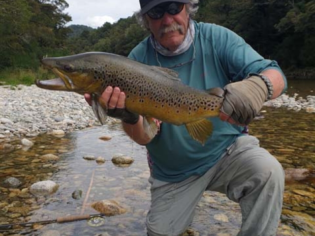 Randy Dix USA with South Island New Zealand brown trout, guided by Bryan Wilson, Reefton.