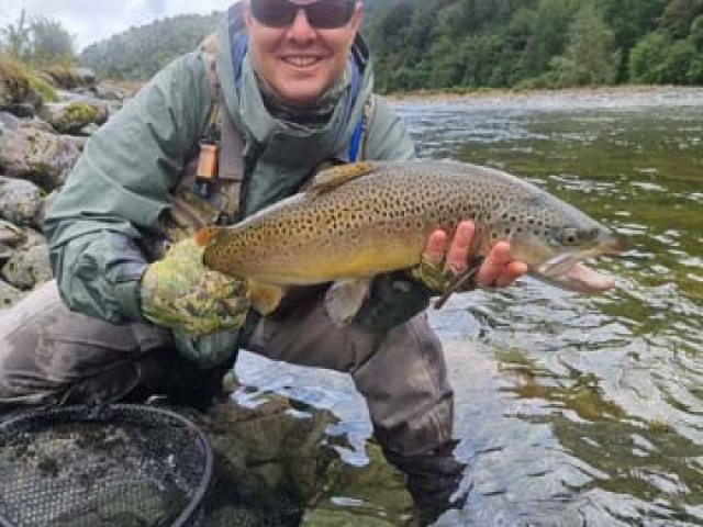 Fly fishing for Brown Trout in the Reefton area of the South Island, New Zealand with fishing guide Bryan Wilson