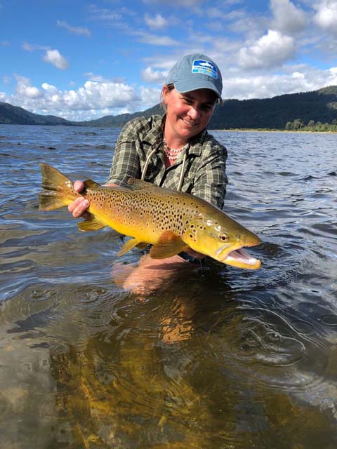 Whitney McDowell USA with a South Island New Zealand brown trout, guided by Reefton fly fishing guide, Bryan Wilson
