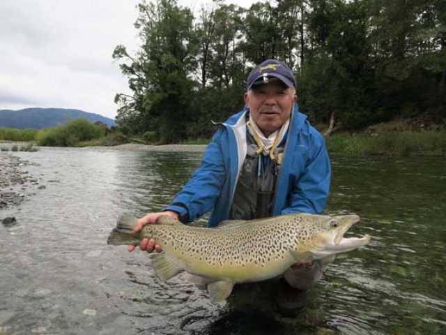 Trophy South Island brown trout caught by Sachio Nakagoshi, Japan, fishing with Reefton fishing guide, Bryan Wilson.