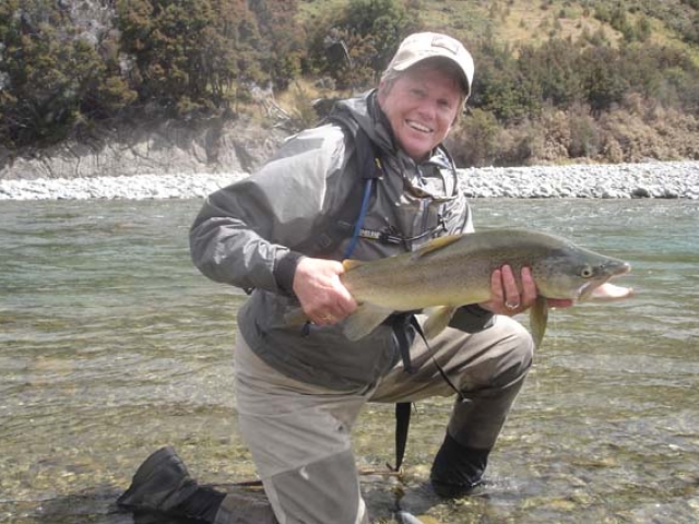 Susie McDowell USA with a South Island New Zealand brown trout, guided by Reefton fly fishing guide, Bryan Wilson